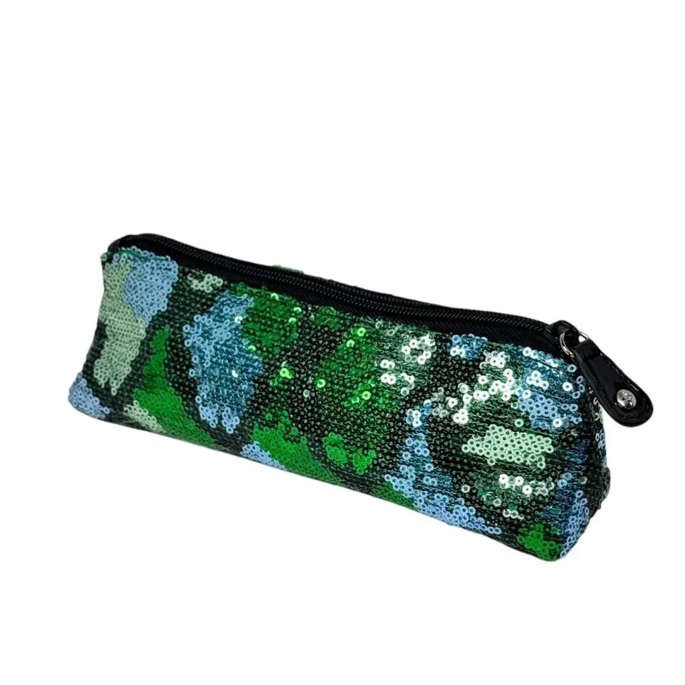 New Stephanie Johnson MakeupCosmetic Bag Blue Green Sequin Zip Clutch